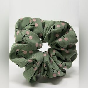 Green Scrunchie with Pink Cherry Polka Dots